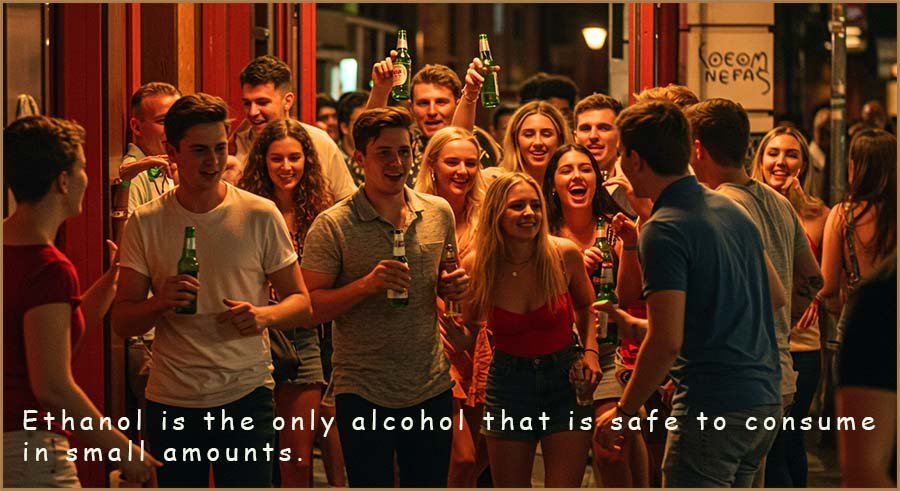 Young people drinking alcohol- ethanol is the only alcohol that is safe to consume in small amounts.